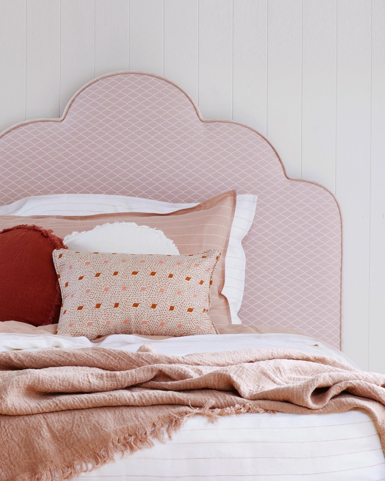 Pink Bedhead made in a beautiful scallop design for chidlren's bedrooms.