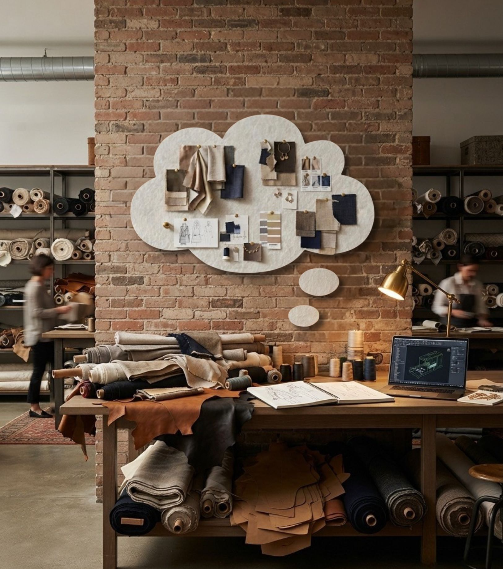 Cool design studio featuring a felt Thought Bubble Pinboard. Pinned up design inspiration for creativity. The room has fabric samples and rolls in backkground.