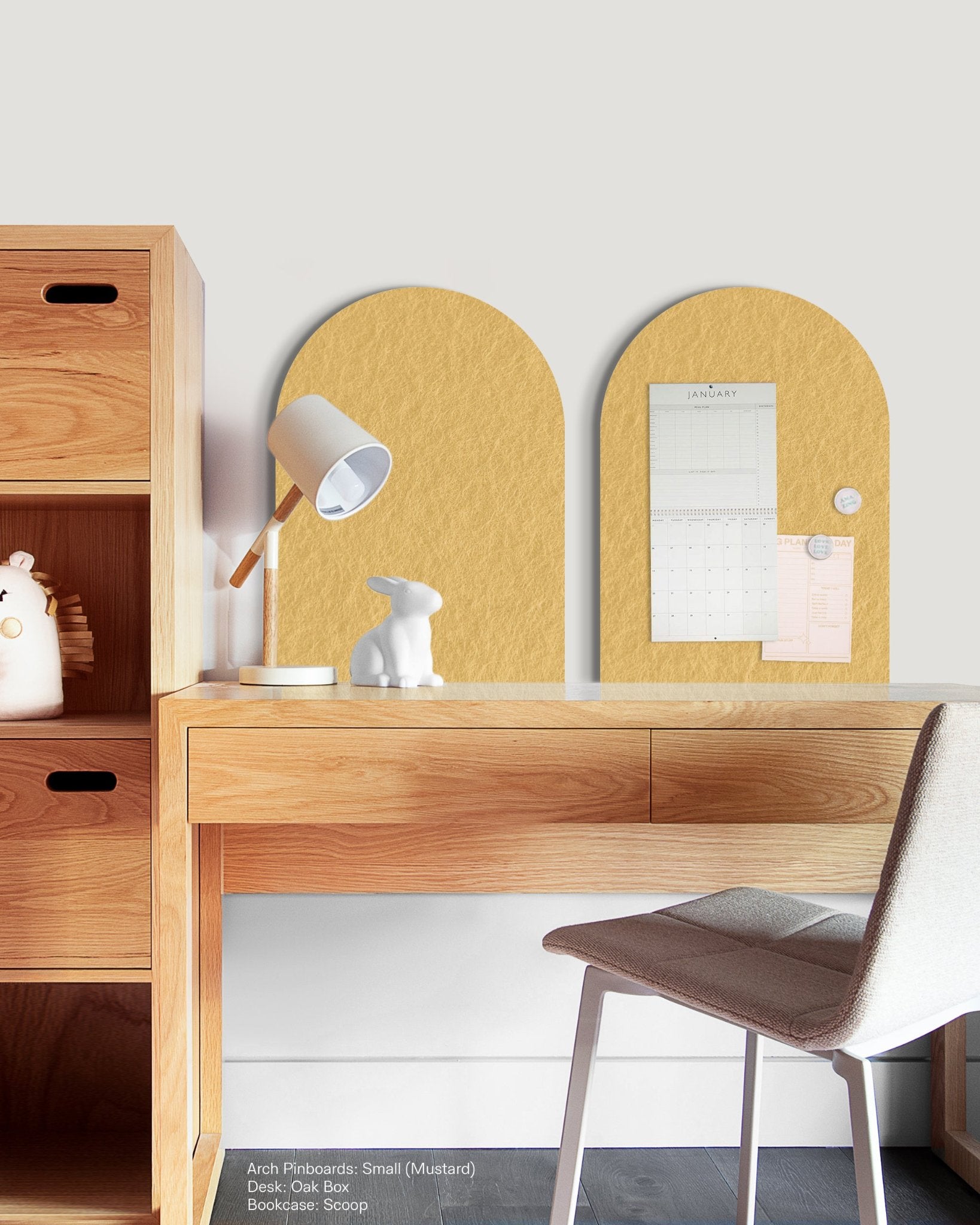 Arch Pin Board mounted above a kids' study desk, offering a stylish and functional space for pinning notes, artwork, and reminders.