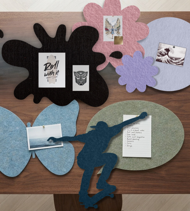 Archive collection of handcrafted architectural felt pinboards by Lilly & Lolly, featuring limited-edition shapes, bespoke colours and timeless designs laid out on a display table.