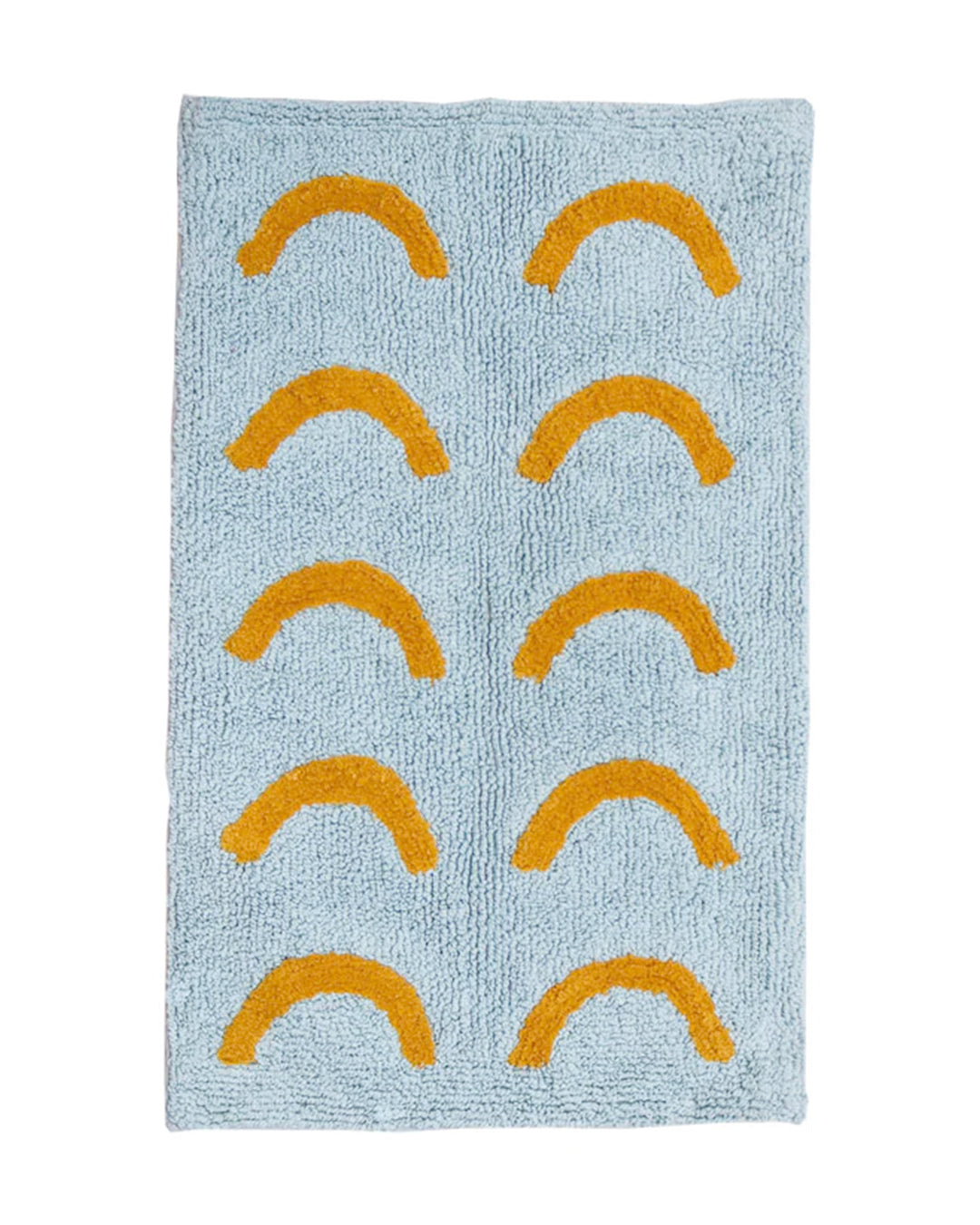 Add some colour to your kids bathroom with the Blue Curve Bath Mat. This geometric design in sky blue and burnt orange is a perfect addition to add a sense of fun to any childrens' bathroom. High on absorbency and practicality, these bath mats are made from plush tufted cotton that feels delightful under your toes, and feature a latex non-slip backing.