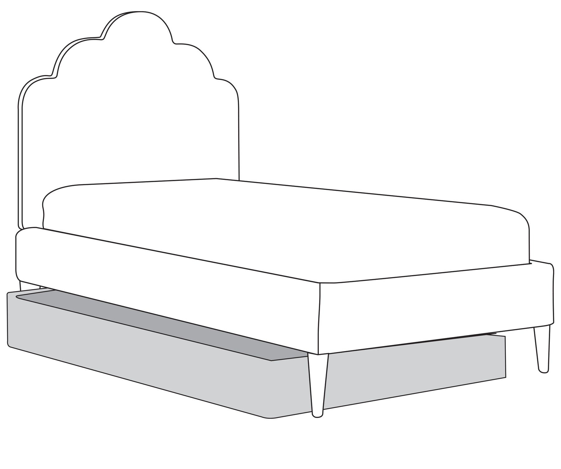 Bronte Upholstered Trundle Bed which is sitting under a scalloped Bronte bedhead. Custom made in your choice of fabric, this fabric upholstered kids trundle is ideal for sleepovers and extra storage.