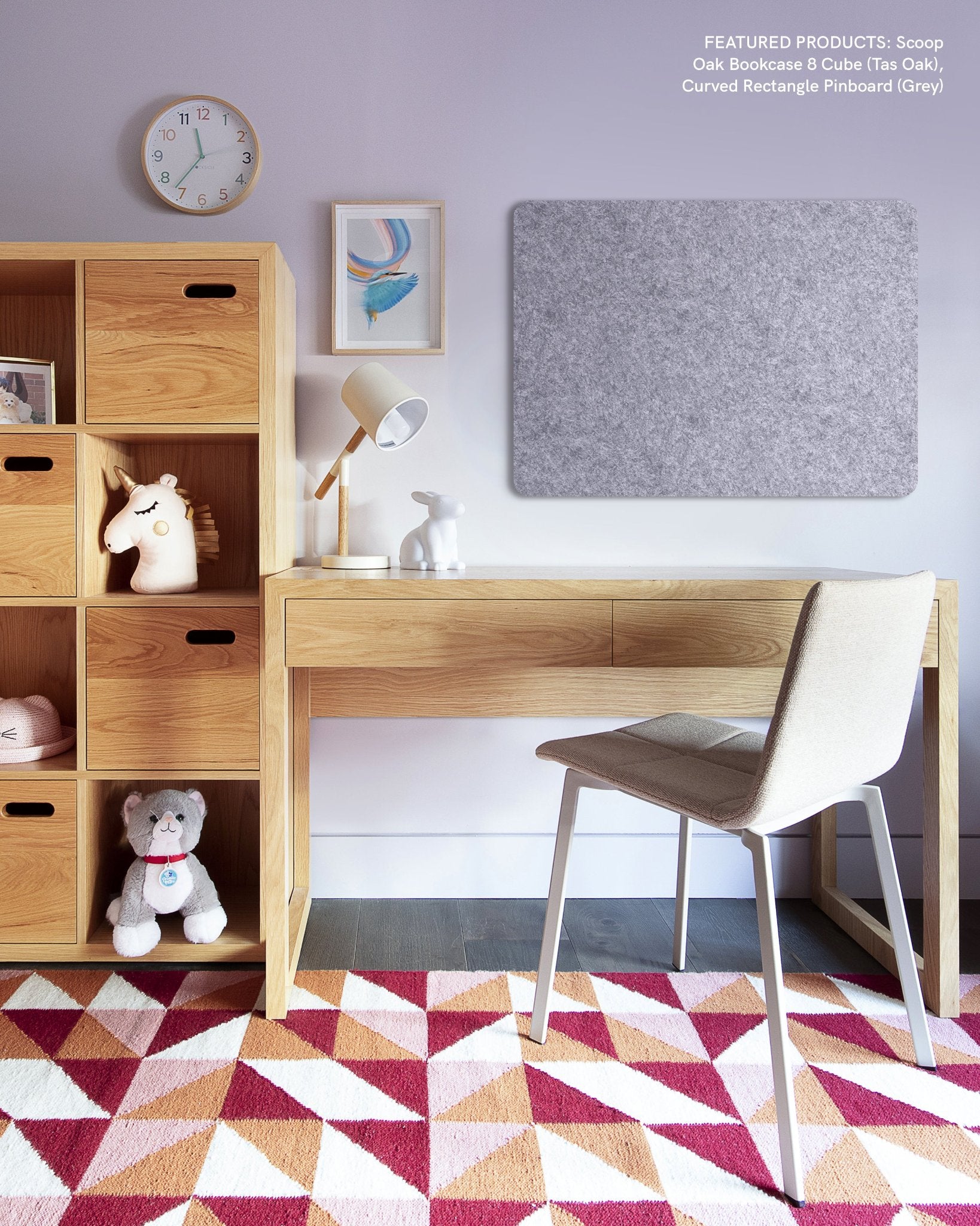 Curved Rectangle Pin Board in a kids’ study area, creating an organized space for schoolwork, drawings, and daily reminders.