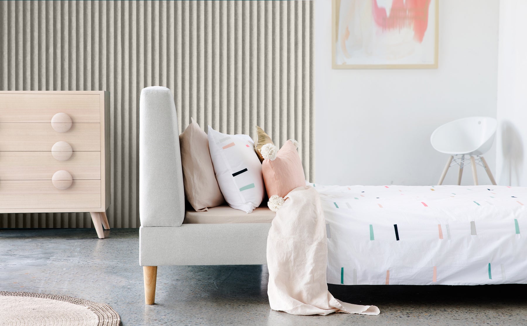 Lilly and Lollys Scout Furniture Collection is designed for creating comfort in kids bedrooms. The upholstered bed, with optional trundle, features an angled bedhead to enable children to recline easily whilst reading in bed.
