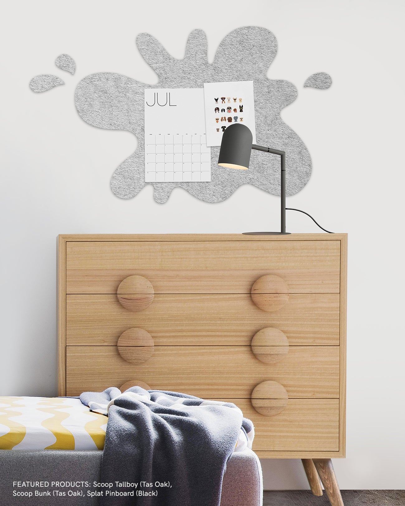 Frameless Splat Pin Board in a children's room, designed for organizing school notes, drawings, and daily to-do lists.