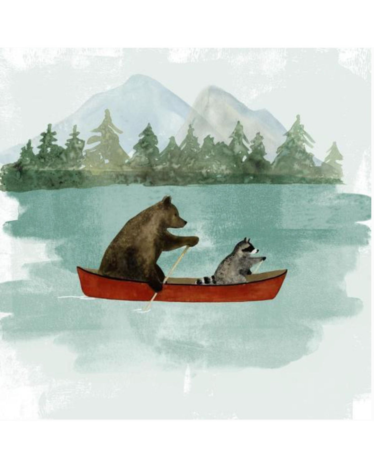 When a bear and a racoon decide that a canoe ride on a lake is a good idea! This beautiful print evokes ideas about their journey, their conversation and what they are up to. It is a such lovely print for a kids bedroom.  This art print displays sharp, vivid images with a high degree of colour accuracy. This high-quality reproduction represents the best of both worlds: quality and affordability. Art prints are created using a digital or offset lithography press.