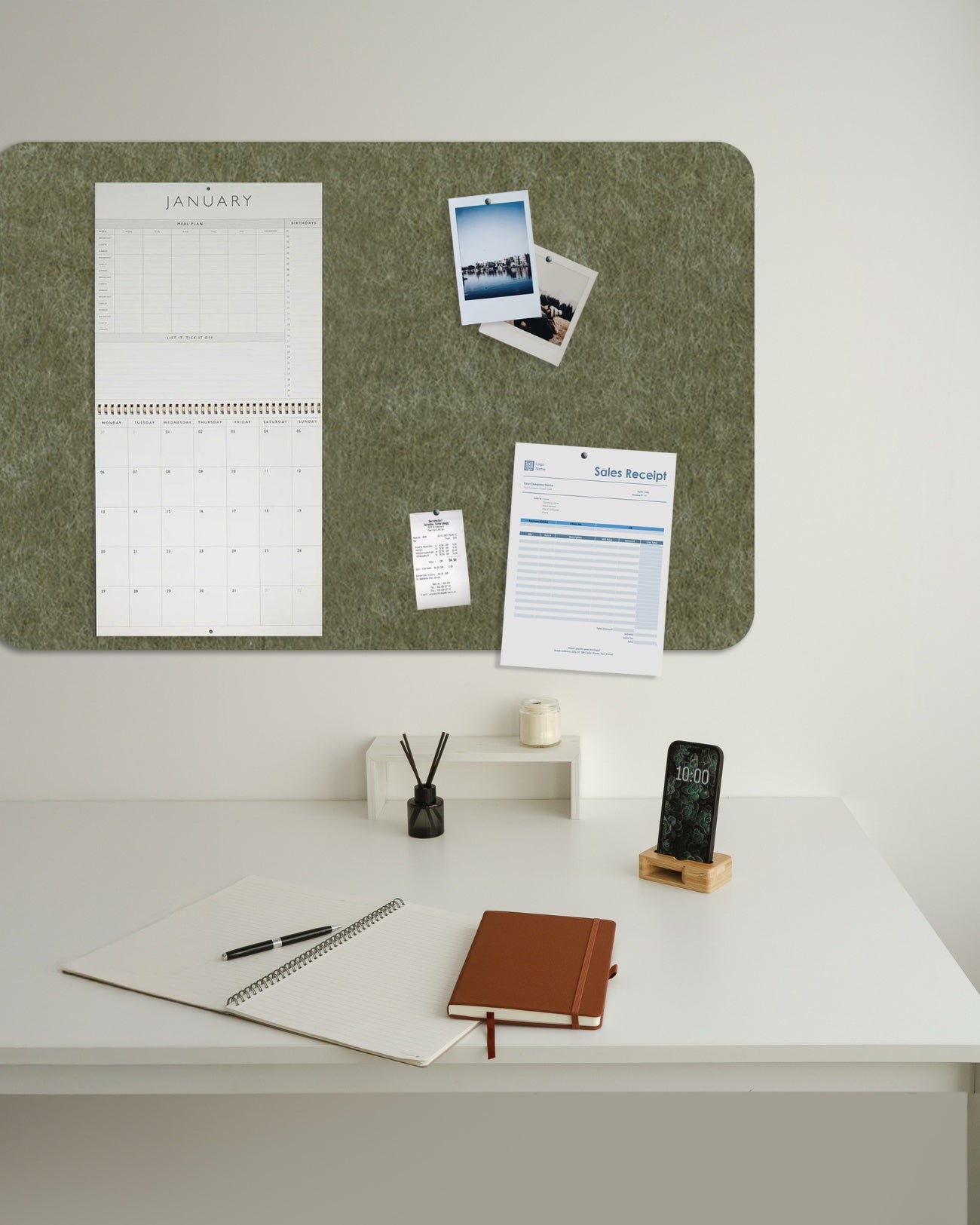 Pin your ideas,  photos and  reminders up on this  olive green felt pinboard. This will help keep you on time and organised.