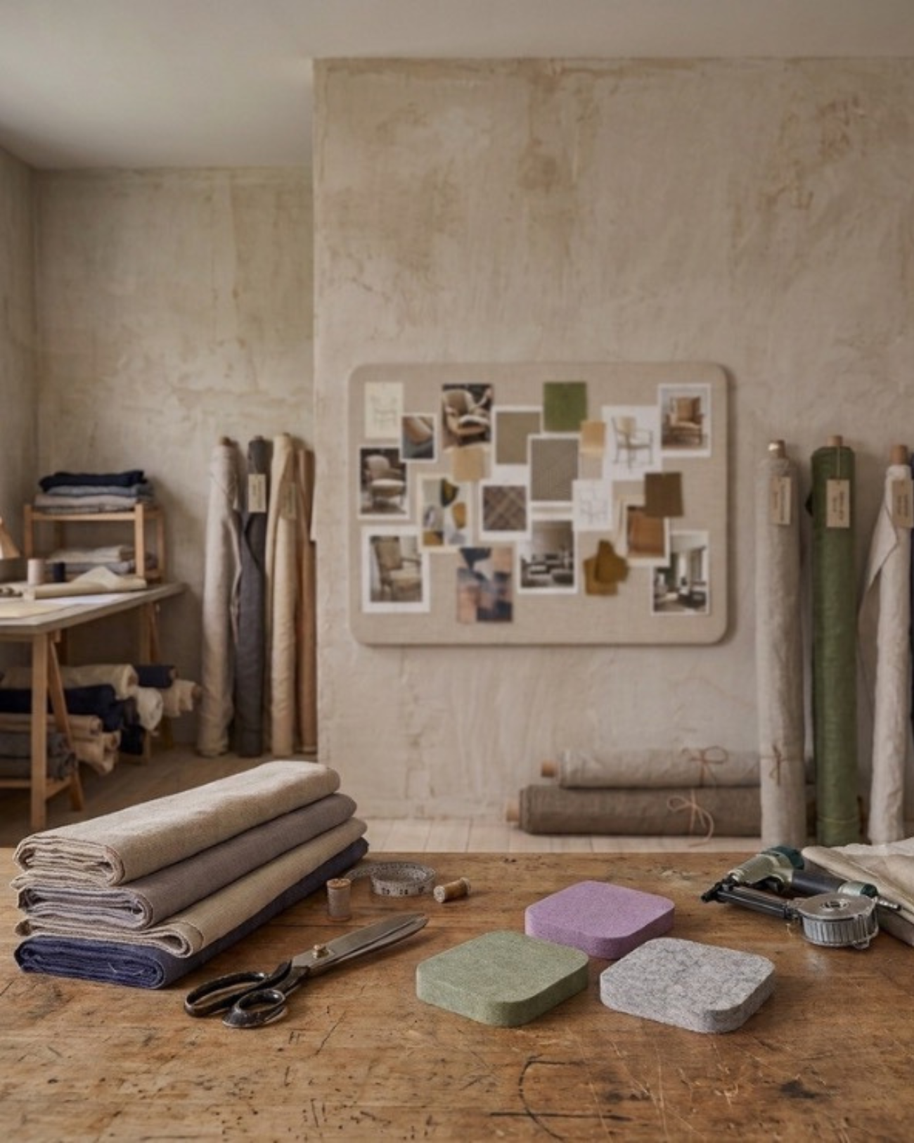 Ecru curved rectangle felt pinboard above a desk in a home study, with photos and reminders pinned to it.