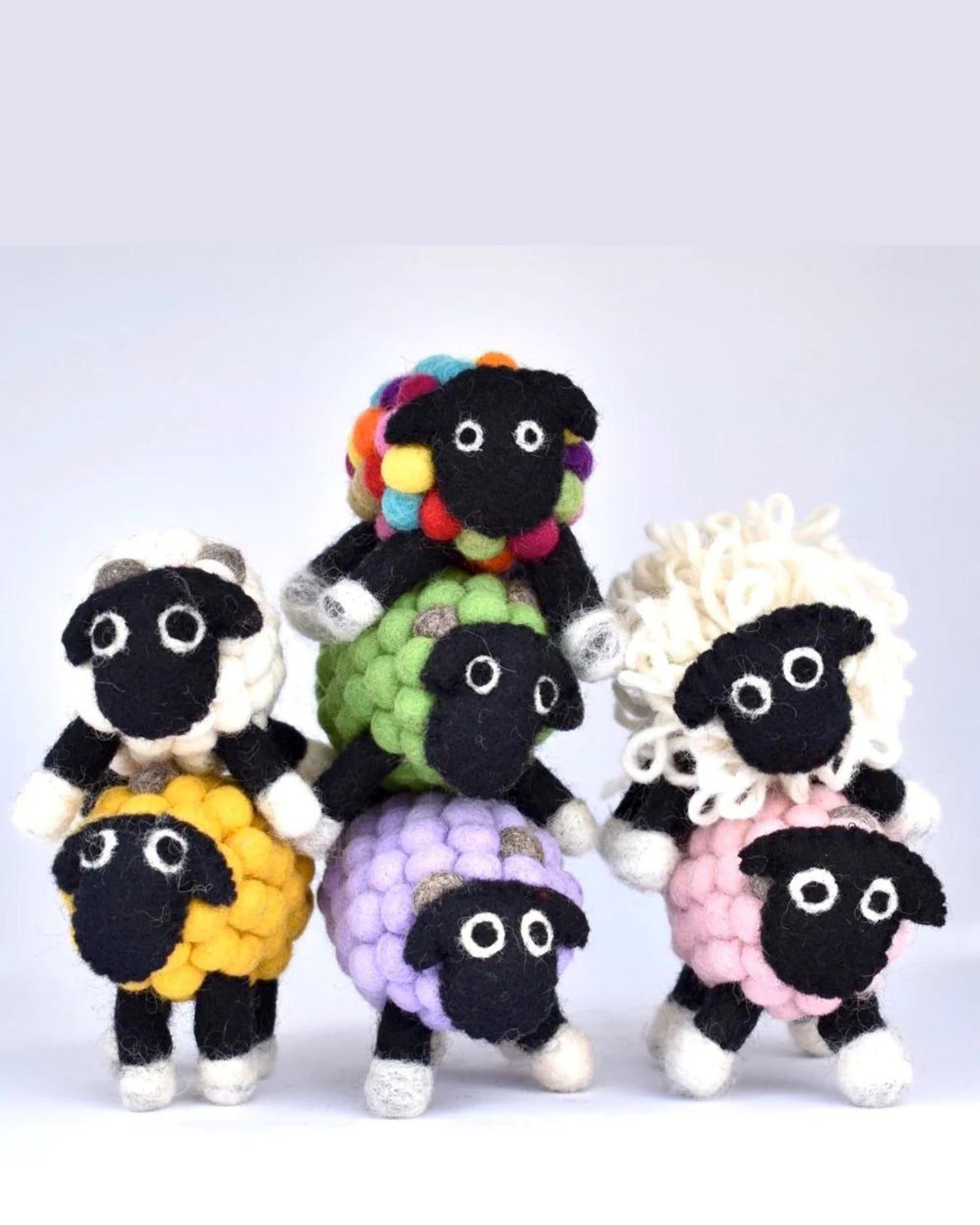 Where is the yellow sheep?  Ba ba ba ha ha . . . Little Larrykin Lambs.  These felt ball sheep are adorable and looking for a new home. Made in Nepal with felted wool. Handmade with love and a little bit of fun and perfect for imaginary playtime.  Measuring approximately  12-15cm tall and available in yellow only.