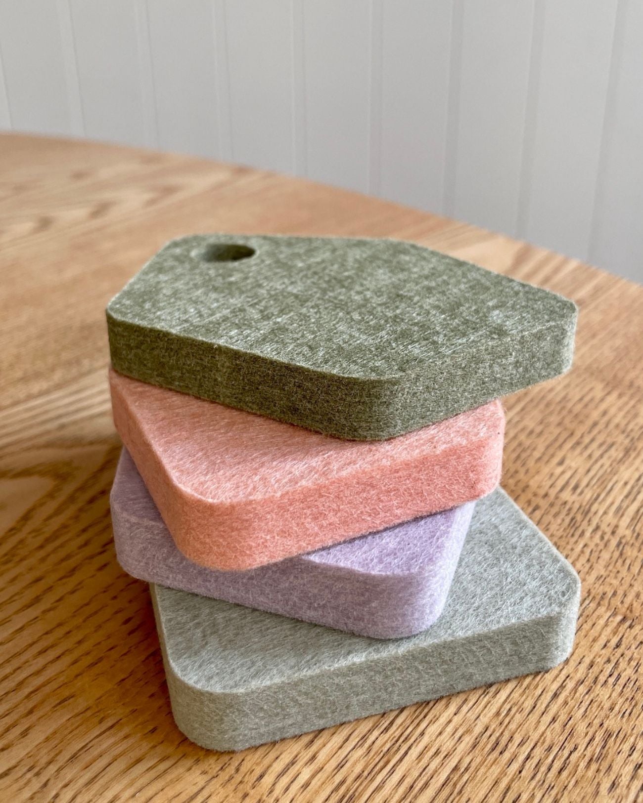Close-up of felt swatches for the Pebble Bulletin Board, showcasing the soft, durable texture and available color options.