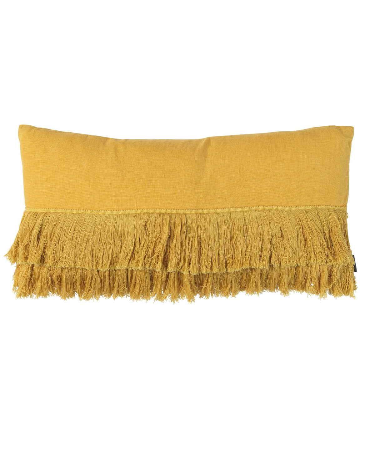 Finish off your kid's bed with this gorgeous fringe mustard cushion. Cushion comes filled and cover can be zipped off and washed.  40 x 60cm