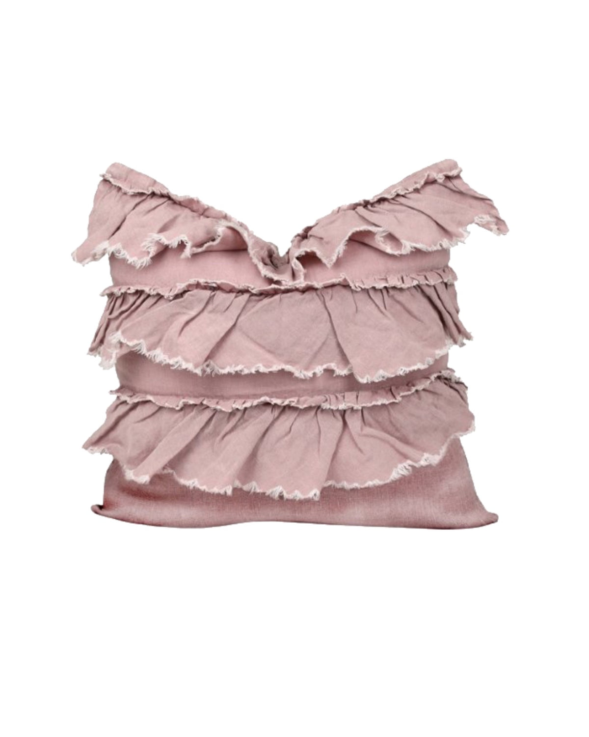 A linen cushion cover in a dusty pink colour with three layers of ruffled frills. A simple yet elegant look with stacks beautifully with other cushions. Keep is simple with a couple of beautiful textured cushions or style with patterned cushions.  Cushion comes filled and the cover  can be zipped off to wash.  45 x 45cm