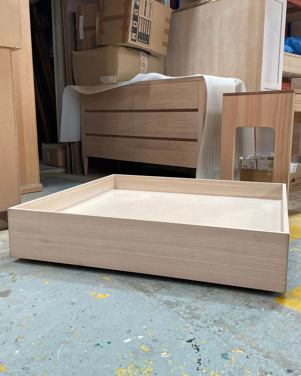 BRAND NEW - Slide this handy timber storage box, under your kid's beds. Perfect for storing extra blankets and hiding away toys. Available now for immediate dispatch. 2 in stock only.  SIZE: 102W x 107L x 22H cm  COLOUR: Whitewash  CONDITION: Brand NEW