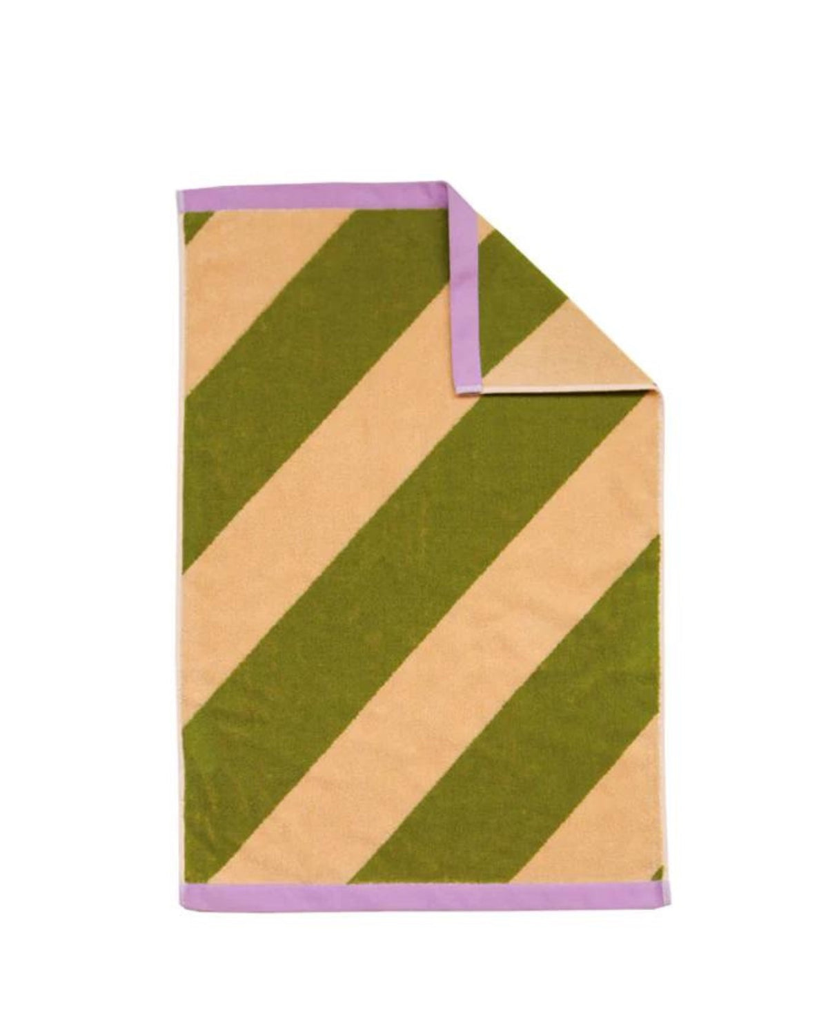 Add this playful bold stripe hand towel to your kids' bathrooms. The wide diagonal stripe in Pistachio and Cream with a lilac trim adds personality and fun to this fun style.
