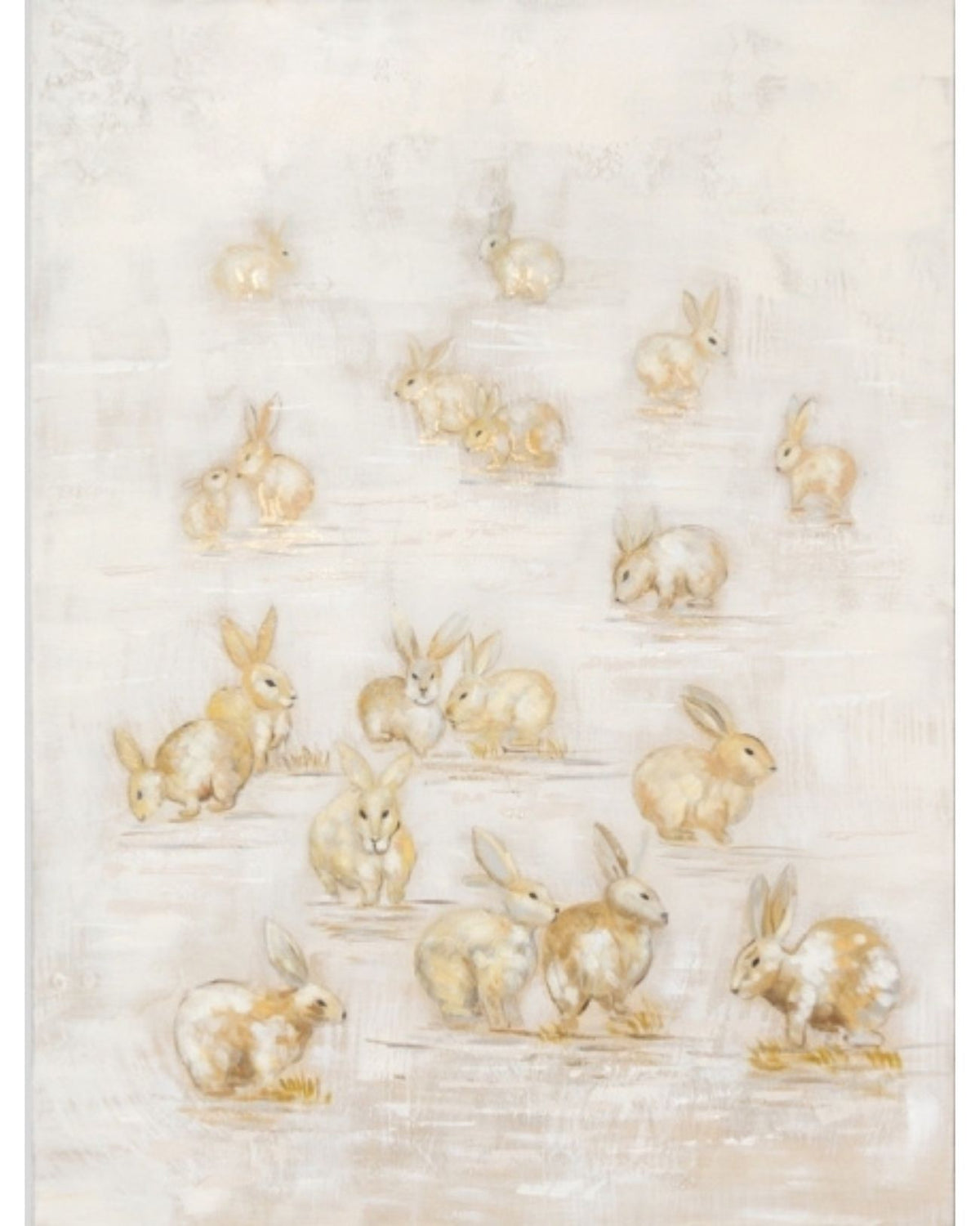 SHOWROOM DISPLAY  This gorgeous Summer Field Bunnies framed canvas has glimmers of gold throughout which makes it a joy for any kid's space. Kids will love to create stories around these bunnies which are hopping through an open field.  As a canvas it is light weight and easy to hang and comes ready with hanging system on the back - you only need to provide the wall hook.