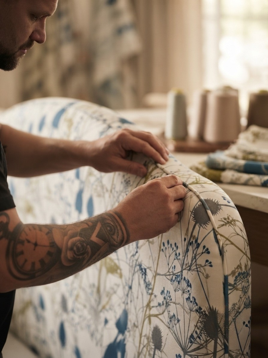 A close-up lifestyle shot of an upholsterer finish the fabric upholstery bedhead in designer workshop.