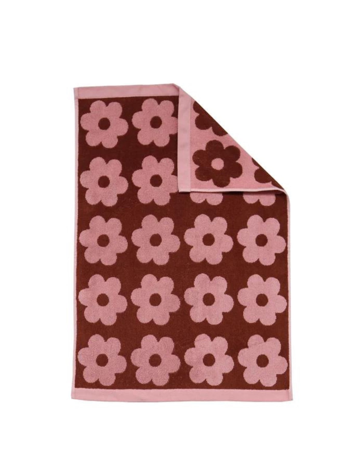 Enjoy using this ultra-plush hand towel made from 100% organic cotton. The chocolate and peony colour combination is contemporary and the flower graphic will bring fun into any bathroom. Super absorbent and luxuriously soft to the touch. DETAILS •	100% Organic Cotton •	500 GSM for softness and absorbency •	70cm x 140cm •	Designed in Melbourne, made in Portugal .