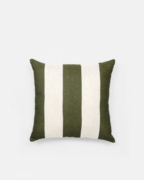 Make a bold statement in any kid's room with the big stripe cushion. Featuring a natural linen case with a fun screen-printed pattern, Our Big Stripe Olive Square Cushion is the perfect statement cushion for kid's beds.  This cushion contains a poly-filled insert with an exposed brass zip on the reverse.  50 x 50cm