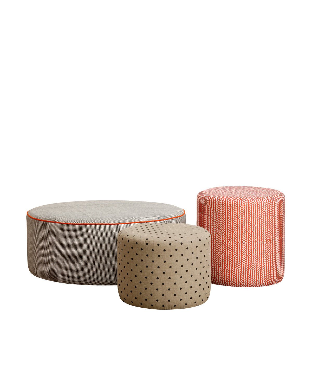 Made to order, these stylish round ottomans are perfect for your kids' bedrooms, learning spaces and toy rooms.      Our upholstered ottomans are designed and made in Australia. The small and large ottomans are the perfect complement together as they sit at the same height. The medium size is a perfect stool height. 
