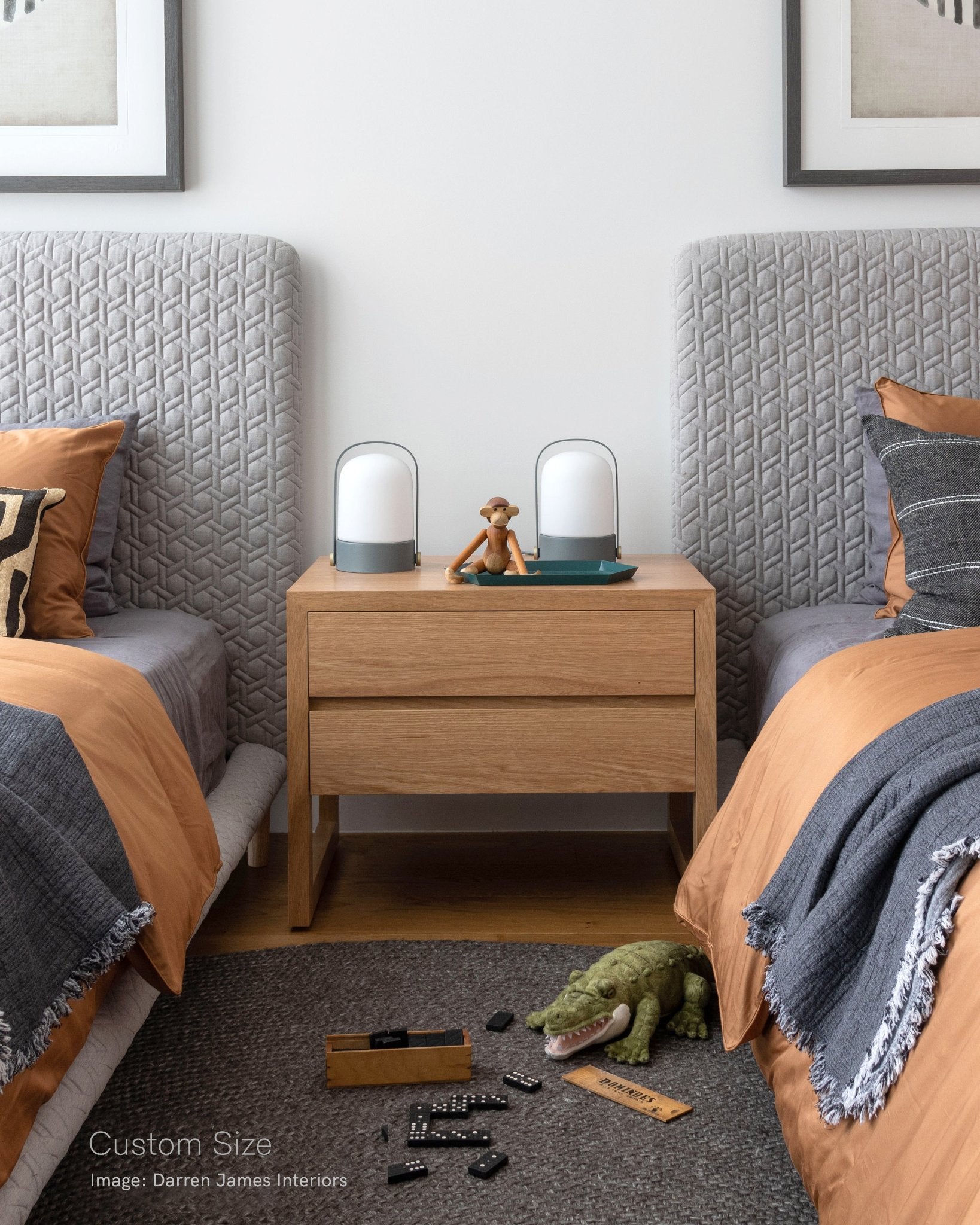 Custom sized tasmanian oak Bedside Table. Designed by Lilly & Lolly but changed to suit the Darren James Interiors bedroom.