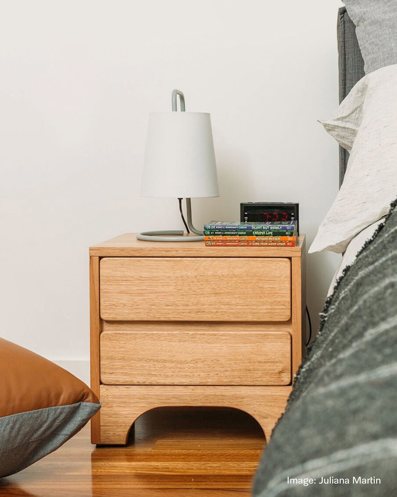 Solid timber bedside table made from Tasmanian Oak. Bedside is designed and made in Australia.
