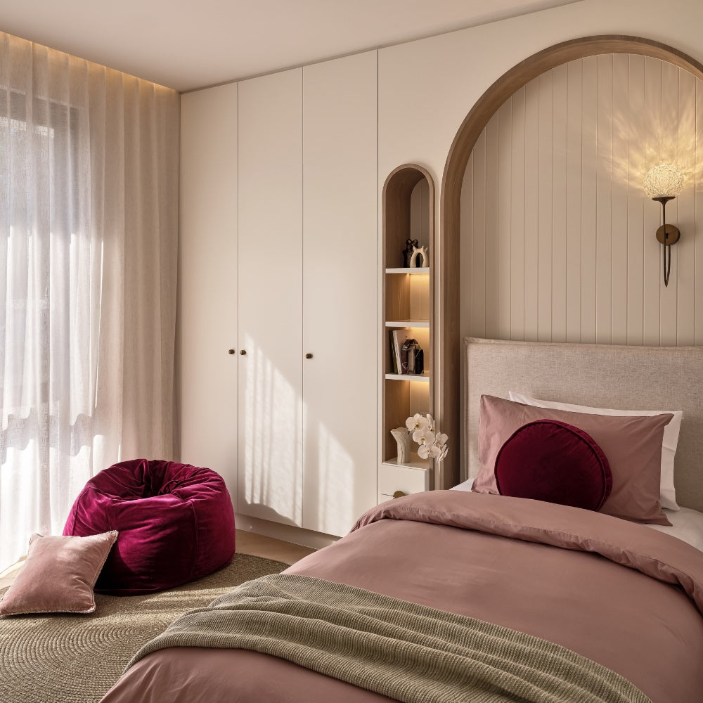 Stunning Kid's Bedroom featuring the Noa Upholstered Bed. Featuring a generously sized bed head for kids to relax into a night.