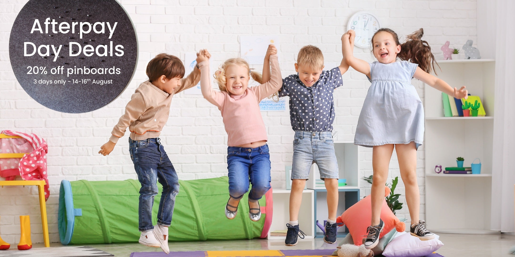 Children playing together and jumping with promotional text for Afterpay Day Deals.