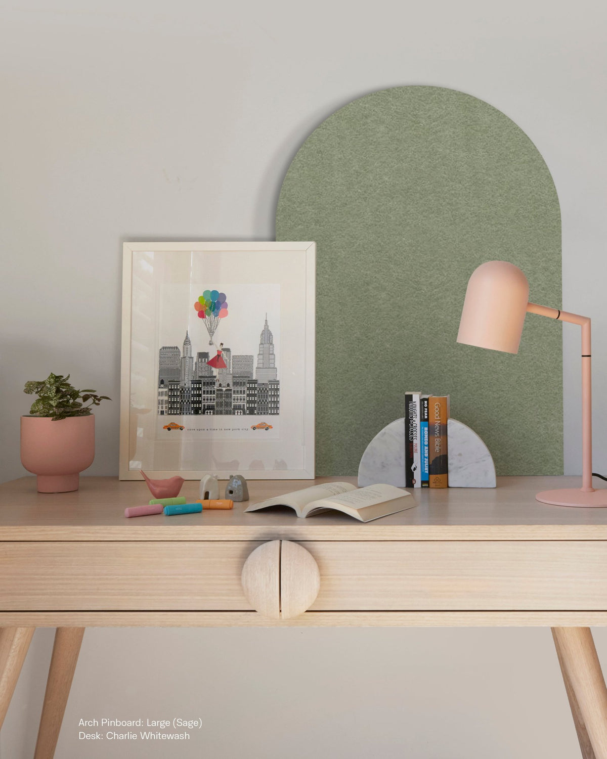 Frameless Arch Pin Board in a study nook, creating an organized and inspiring workspace for kids' creativity and learning.