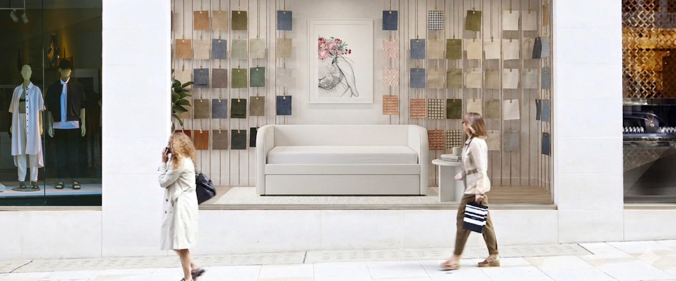 People walking past a store window display with sofa bed. 
The window shows many fabric swatches and a neutral bed which conveys that the kid's bed can be made in many fabric options.