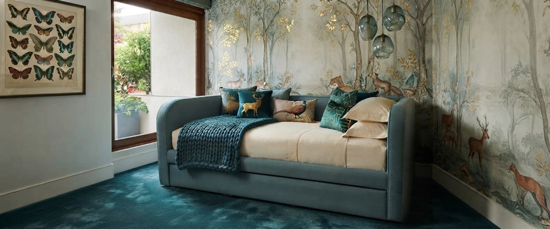 A blue linen upholstered sofa bed with pull ou trundle. Available in single and king single sizes. Set in a luxury child's bedroom.