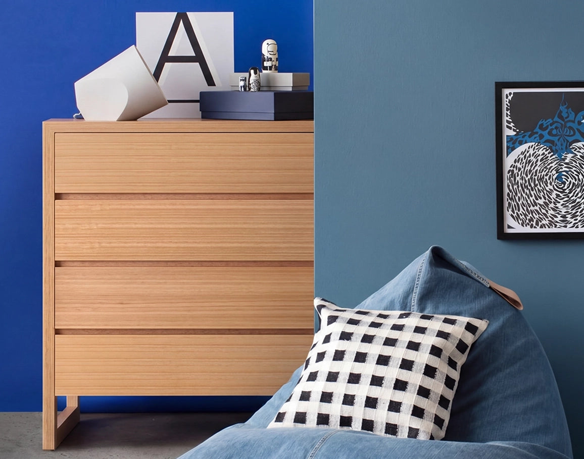 Children's bedroom featuring wooden timber Oak Box chest of drawers. Australian made.