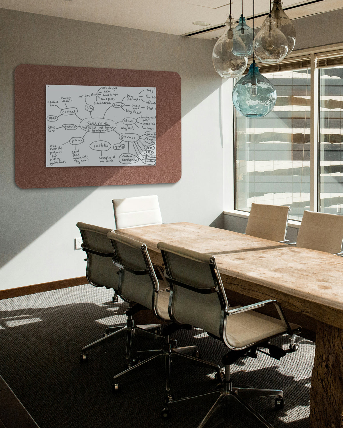 Curved Rectangle Bulletin Board in a boardroom, providing a sleek and professional space for pinning meeting notes, schedules, and brainstorming ideas.