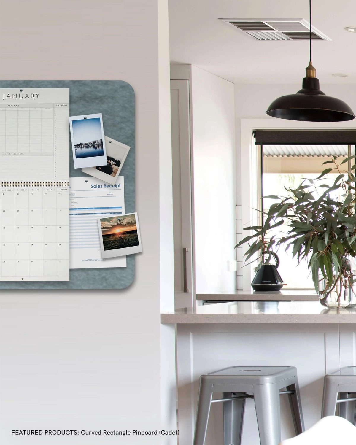 Curved Rectangle Pin Board in a home living area, adding a functional and decorative element for organizing daily reminders.