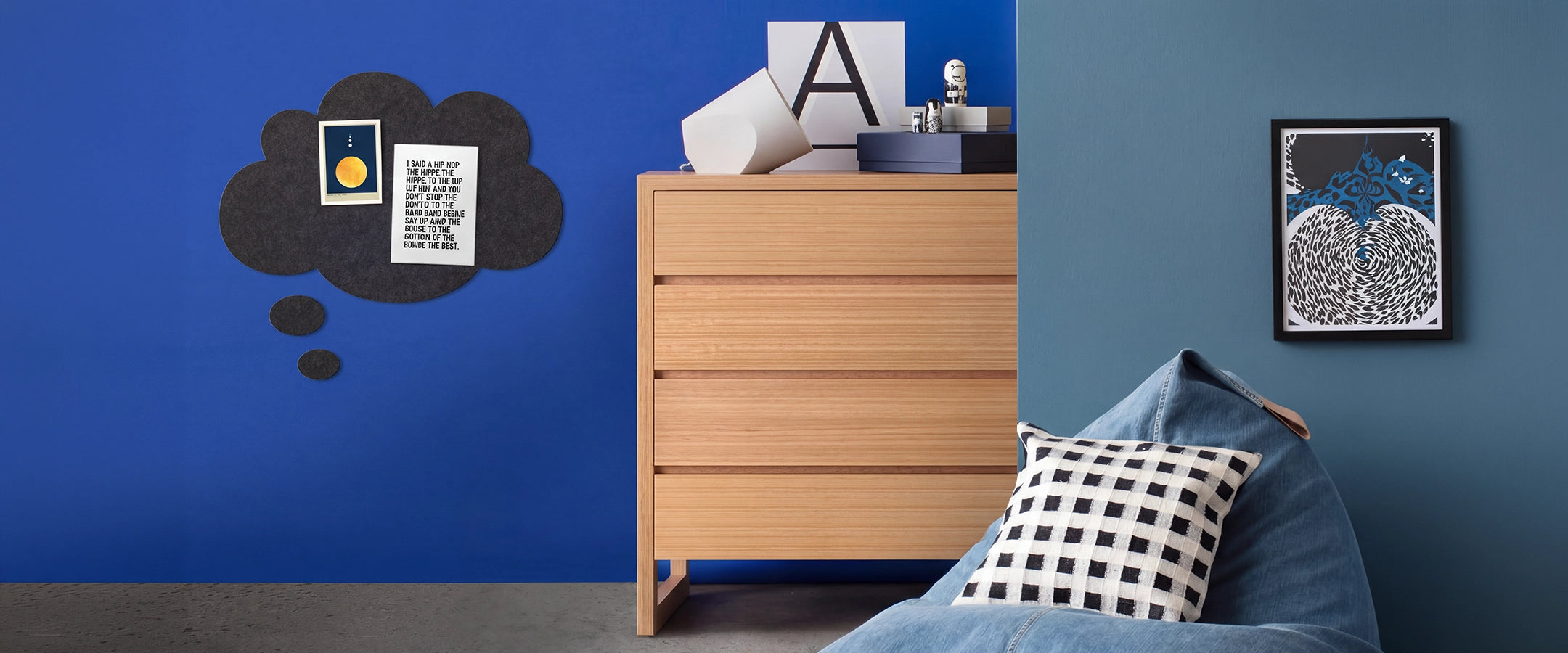 Children's bedroom featuring wooden timber Oak Box chest of drawers. Australian made.