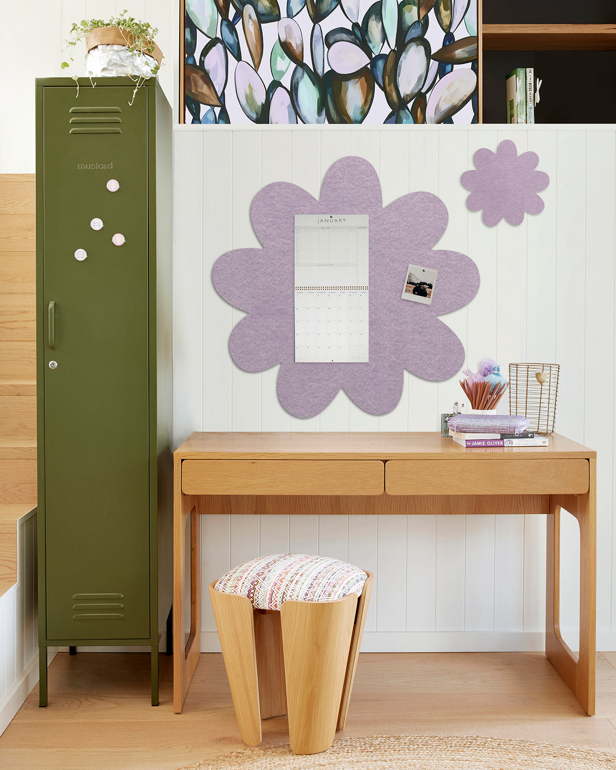 Room interior with a green locker, wooden desk, and Daisy Felt Pinboard in Lilac colour. ***BLACK FRIDAY SALE***