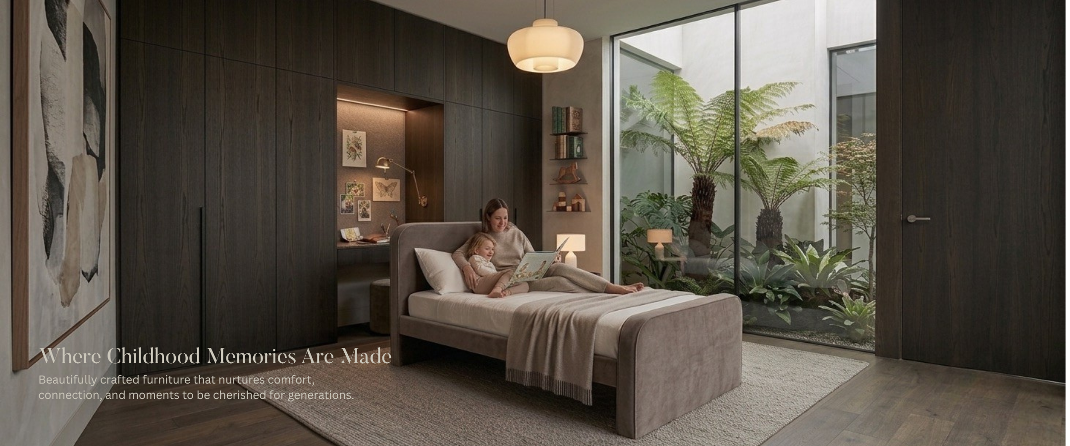 Children's luxury velour bed in taupe.  Mum reading a book to her child in a curated bed designed for the family home. Bed available in single, king single bed, double and queen sizes.
