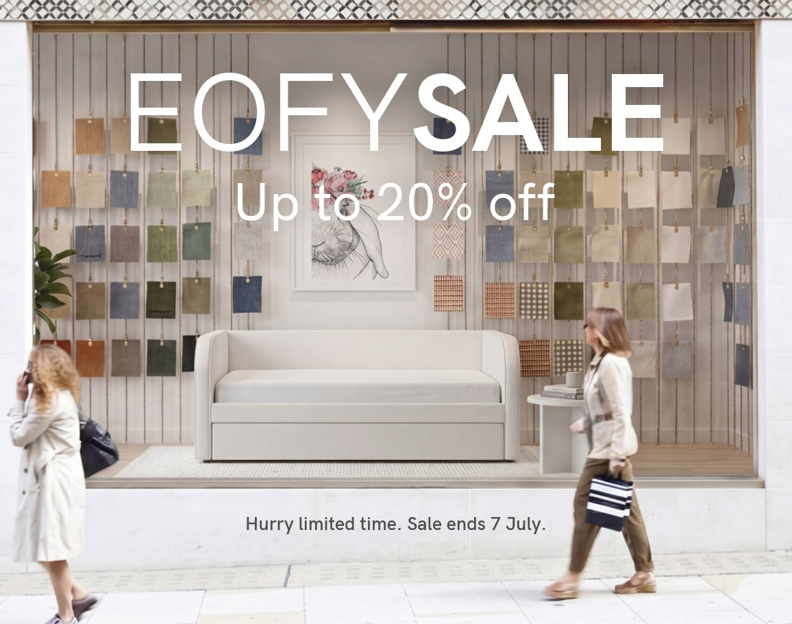 EOFY Sale Children's Designer Furniture up to 20% off. Shows a daybed which can be made up into any fabric of your choice. Single bed option and King single bed option.