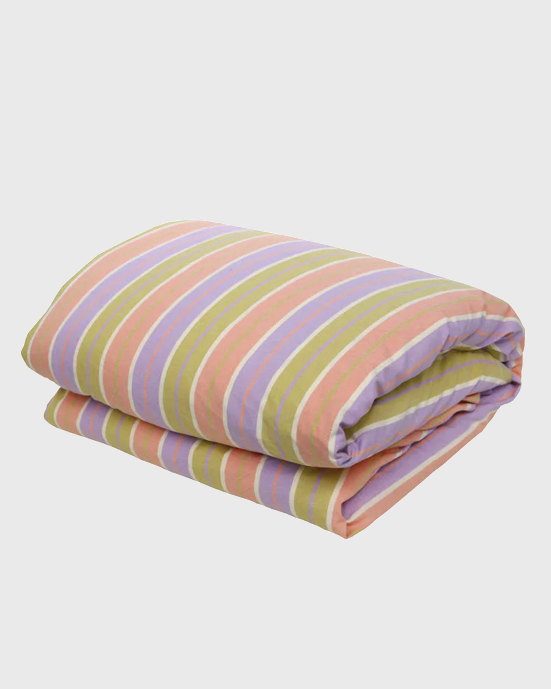 Bring your kids' bedrooms to life with this colourful Miami Duvet Set. Woven from 100% combed cotton for a soft texture.&nbsp;The wide stripe design in pastel lilac, peach and olive is designed to pair well with a wide variety of prints or plain bedding, and will instantly elevate any kids' bedroom. Bedlinen is packaged in a fabric backpack which doubles as a bag.