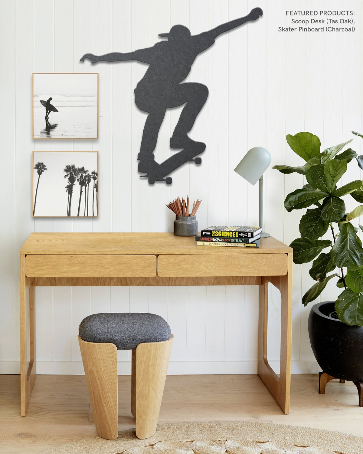 Skater Pin Board mounted on a kids' room wall, offering a stylish and practical way to keep track of daily notes.