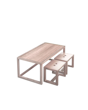The Oak Play Table is a versatile table and chair set for your kids to create, eat, sit and play. Handcrafted in Australia, and made to order, the table and chairs feature a solid oak wrap leg and frame. The slimline set was designed to suit the modern home so that parents and kids could cohabitate in style.  Cleaning: wipe over with damp cloth and dry wipe to finish  Table + stool options: Tasmanian Oak or Whitewash (100% solid timber)