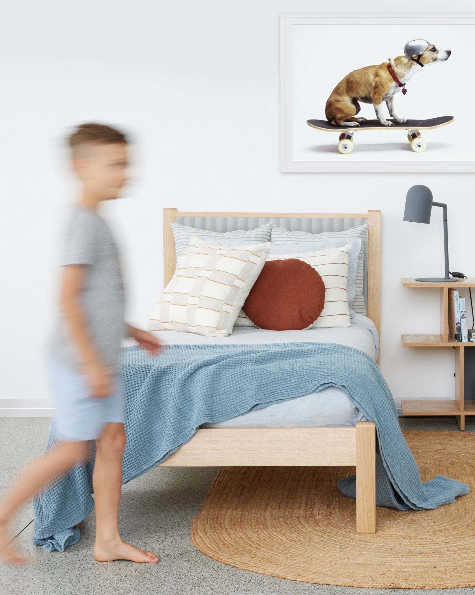 Lilly and Lollys Ripple Bed features a corrugated textile bed head which is offered in multiple colours to suit your kids bedrooms. Australian made and designed with a 10 year warranty.