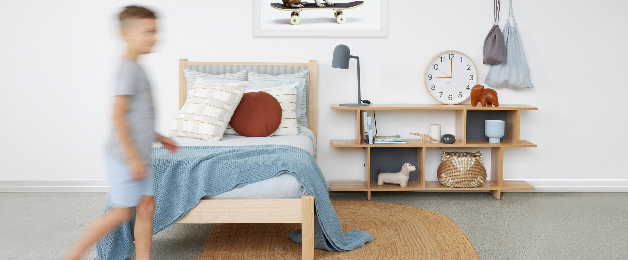 The Ripple Oak timber bed is inspired by the ripple effect of a stone dropping into a shallow pool. This kids bedroom furniture includes single beds, king single beds, double and queen.