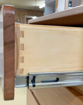 Close up of the dovetail joints featuringed on every drawer on this solid timber Scoop Bedside Table.