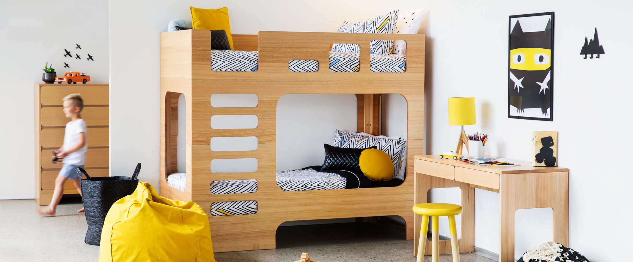 Our Scoop furniture collection for kids' is defined by its elegant curves and simplicity. Drawing inspiration from carved stone, this furniture collection includes bunk bed, kids desks, chests of drawers and toybox.