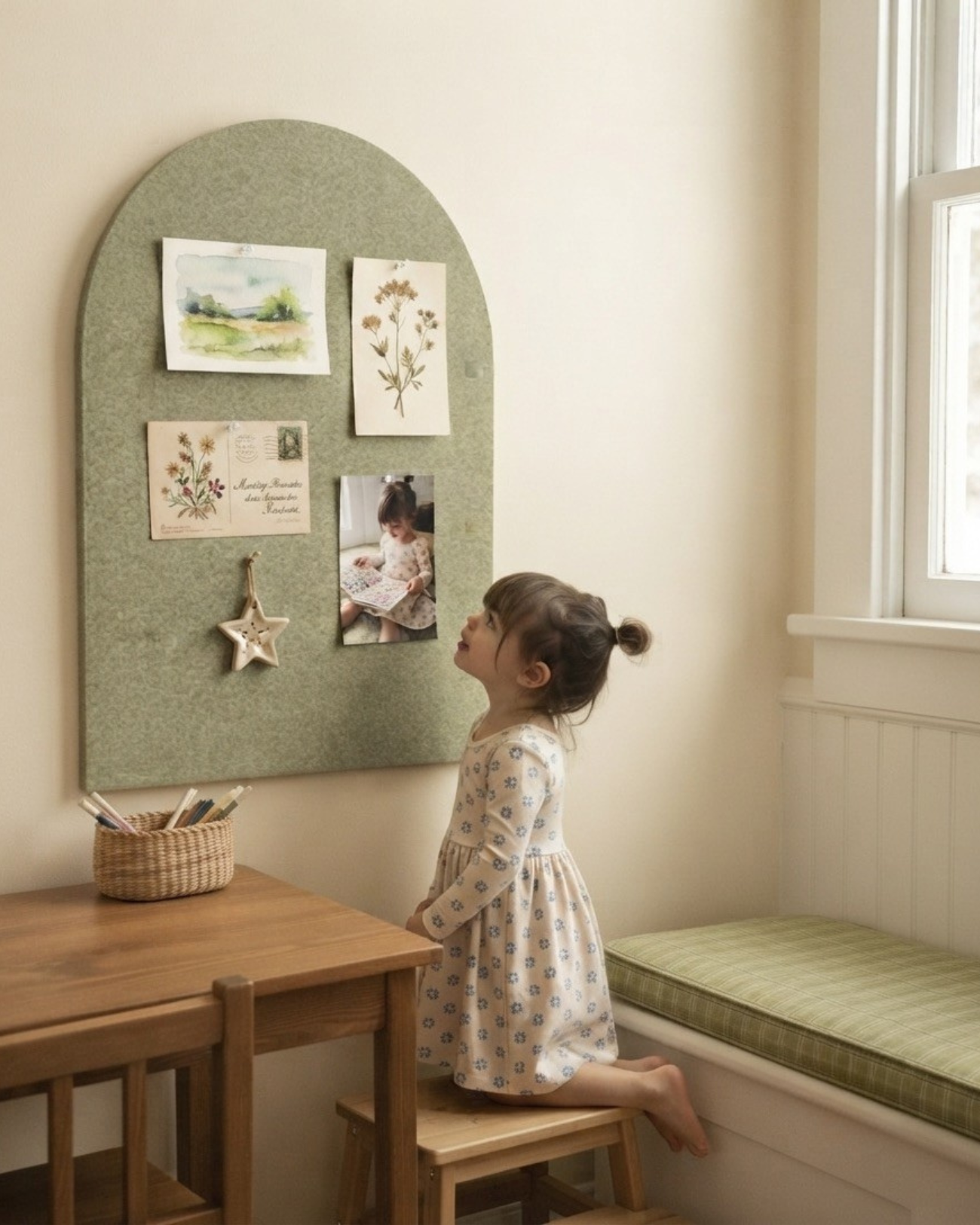 Felt arch pinboard in sage green, above a child's desk, with artwork and reminders pinned to it.