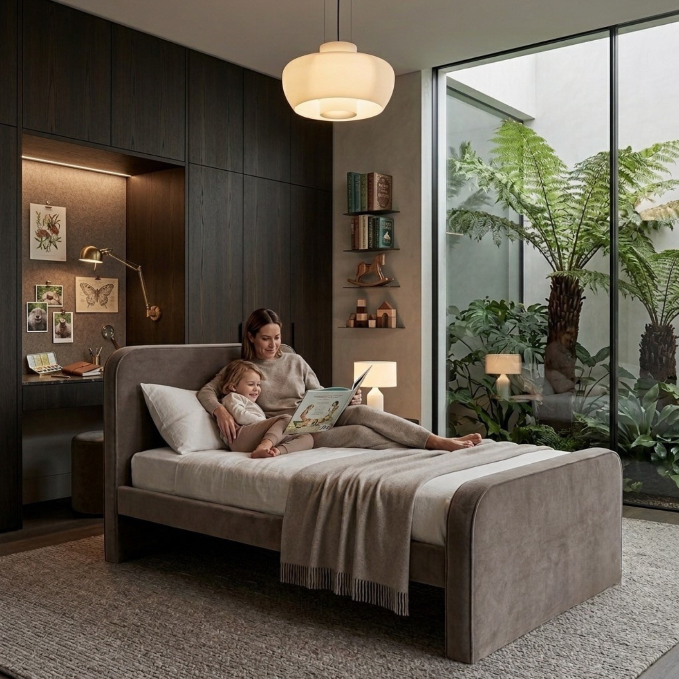 Luxury children's furniture designed for discerning parents who want their kid's bedrooms to look as good as their homes. Featuring  modern bed for child in  lush taupe velour.