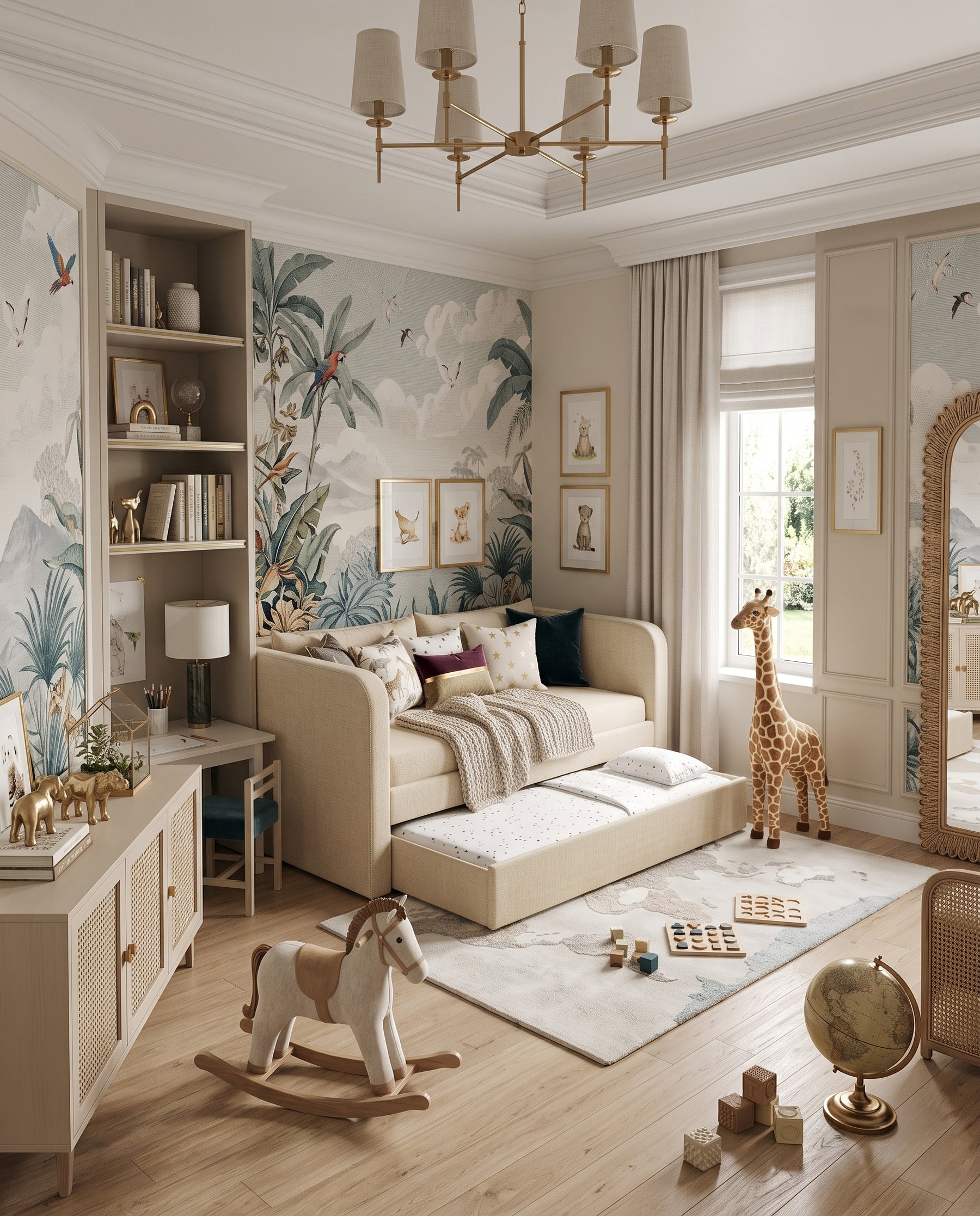 An ecru upholstered daybed with an extended trundle, styled in a bright children's bedroom with patterned pillows, a knit throw blanket, a rug, shelving, toys, and a giraffe figurine near a window.