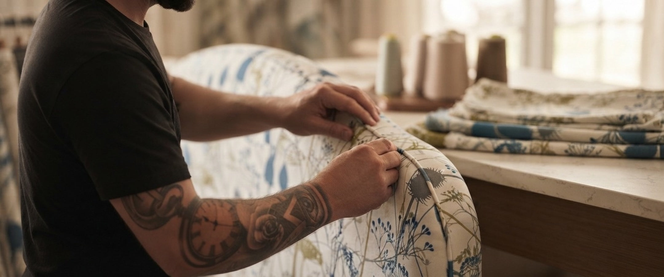 A man upholstering a bedhead in a workshop. He is adjusting a piece of blue and white floral patterned fabric on a table in a warm, softly lit room. He is making a bedhead for Lilly & Lolly in Sydney, Australia.