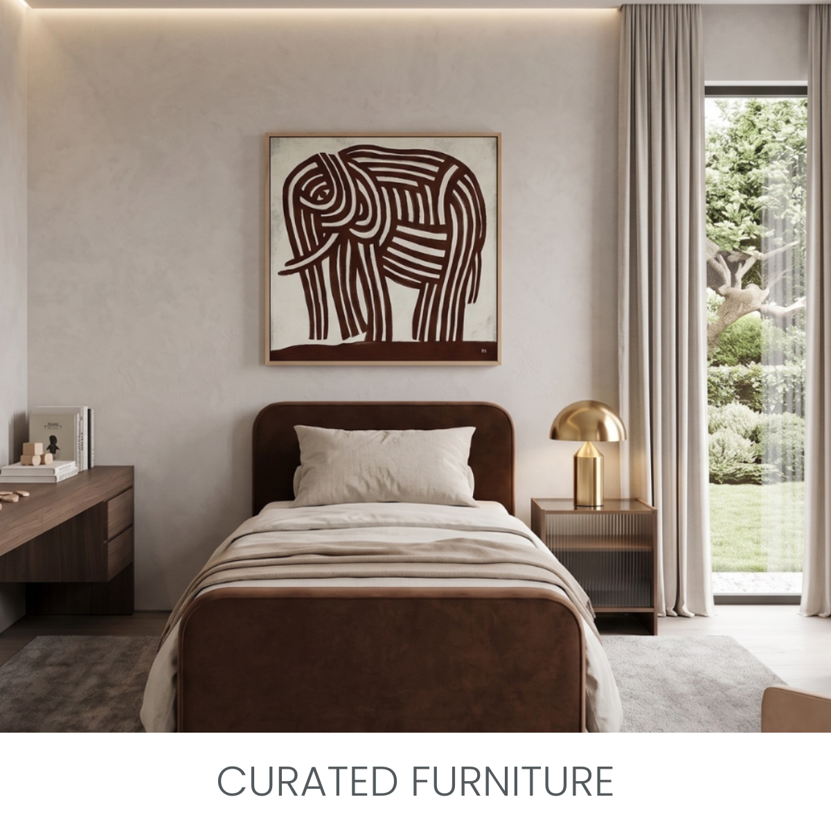 Shop Luxury children's furniture. Room features a chocolate rich velour Archer Bed with soft curves and detailed piping finish. Available in all bed sizes, including king single with optional trundles.