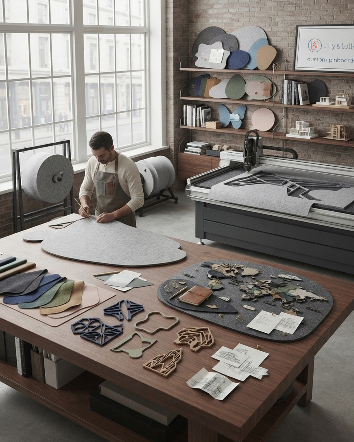 Custom, Australian-made architectural felt pinboards in bespoke shapes, sizes and colours. The custom made felt pinboard studio features shapes and colours against the wall.